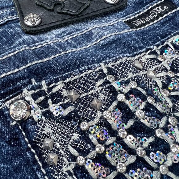 Miss me Jeans size 30 Rhinestone Embellished Pocket Cuffed Capri Bling Low Rise - Picture 5 of 8